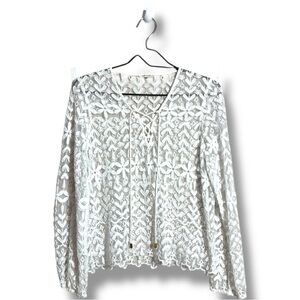 River Island Sheer Lace Up Front Floral Lace Design Long Sleeve Blouse in White